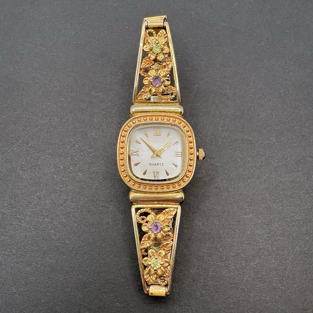 Danbury Mint Womens Floral Crystal Watch Gold Tone Stretch Band New‎ Battery
